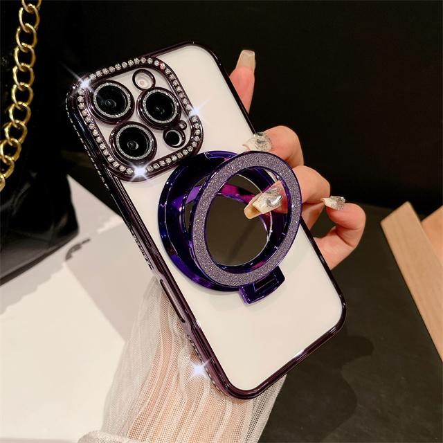 For iPhone 16 Pro Max Luxury Glitter Holder Stand Plating Frame Phone Case For iPhone 11 12 13 14 15 16 Plus Flash Diamond Cover