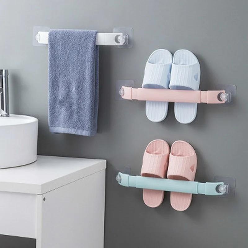1 Pcs Adhesive Towel Rack Bathroom Towel Bar Shelf Wall Mounted Towels Hanger Toilet Suction Cup Holder Bathroom Organizer