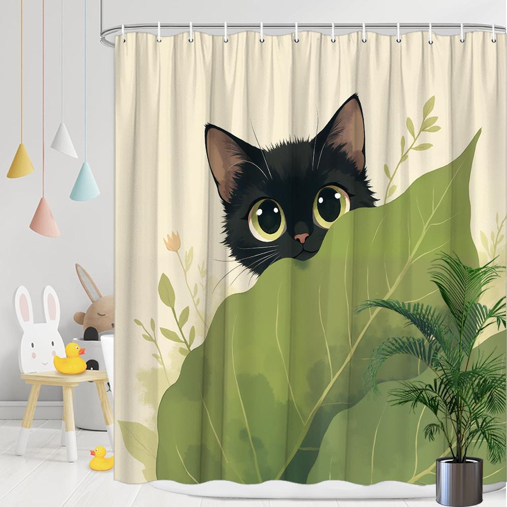 1pc Cute Black Cat Peeking Behind Green Leaf Shower Curtain - Soft Minimalist Polyester Bathroom Decor with 12 Hooks