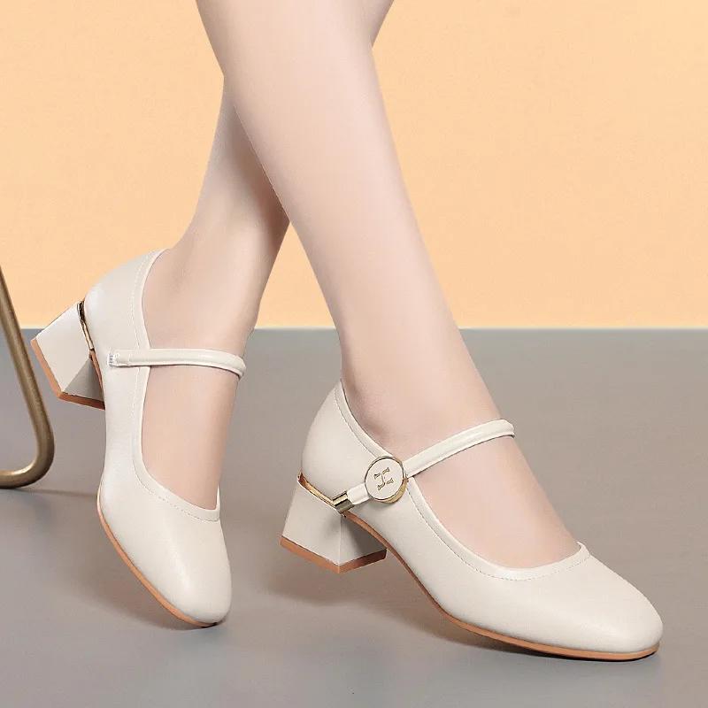 Fashion Women's High Heels 2025 Spring Fashion Square Toe Pumps Woman PU Leather Shallow Mouth Mary Jane Women's Shoes Zapatos Mujer