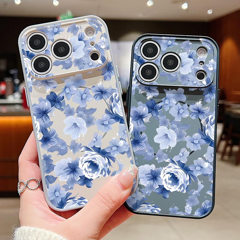 Magnetisch Für Magsafe Hülle Für iPhone 17 Pro Max Blau Rose Blumen Muster Hautgefühl Abdeckung Für iPhone 16 15 14 13 Pro Max
