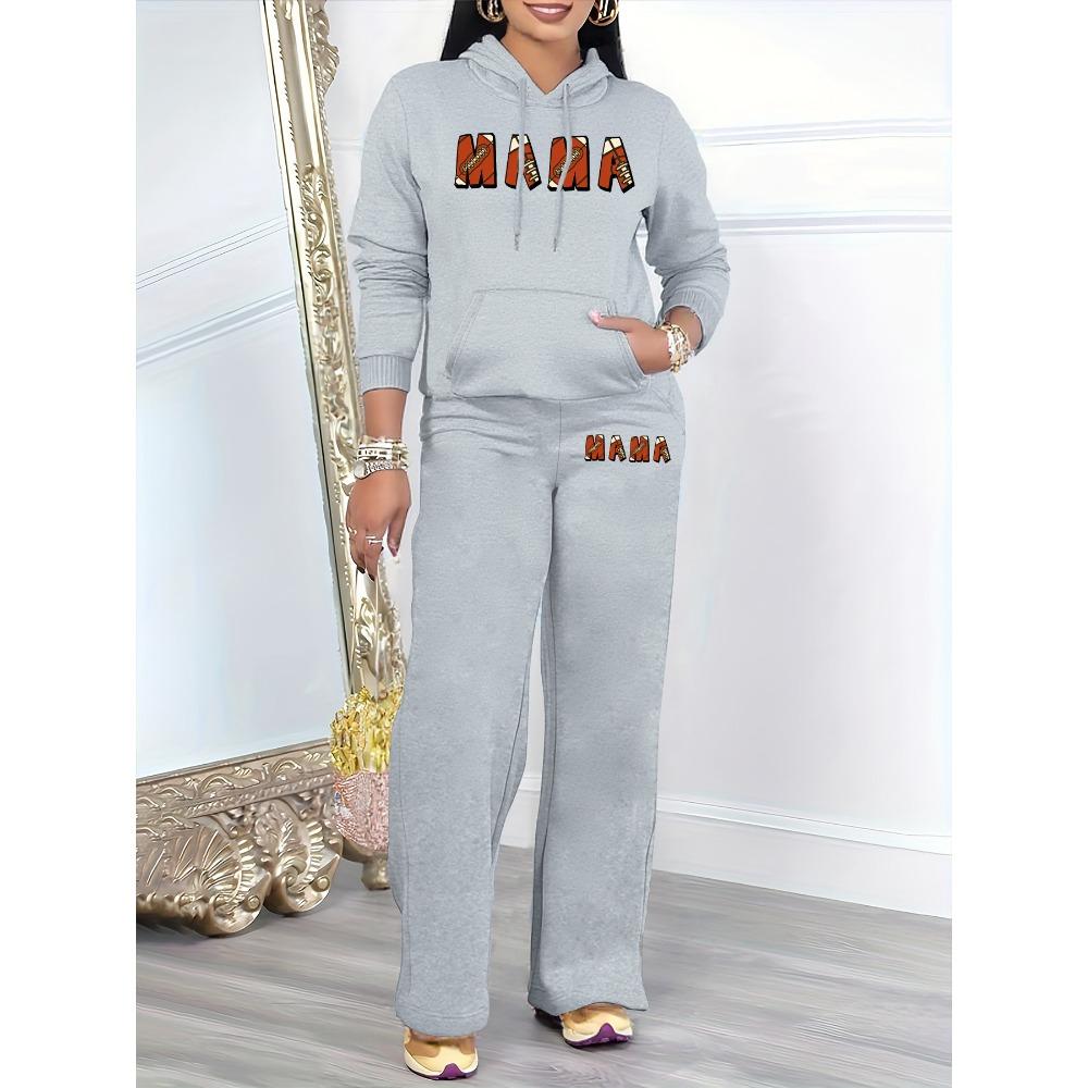 European and American Style Casual Two Piece Set, Retro Printed Hooded Sweatshirt with Matching Wide Leg Pants, Home Commuting Set