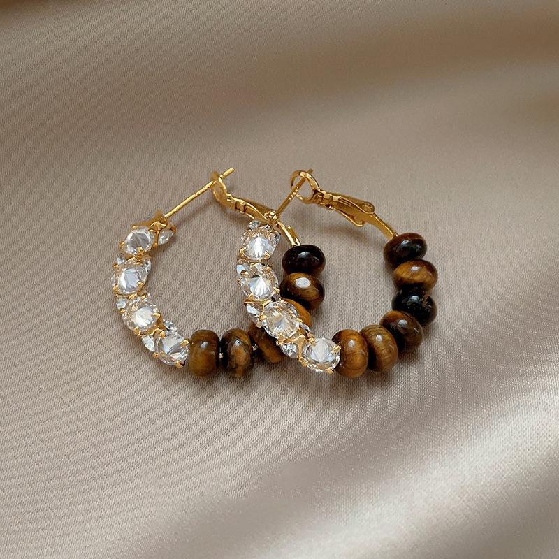 Silver Needle Retro Tiger Eye Zircon Round Earrings - Maillard Style Luxury Studs.