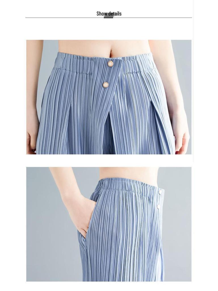 Summer 2024 Women's Black High-Waisted Wide-Leg Pleated Pants: Versatile, Slimming, Loose Fit, Plus Size, Casual Nine-Point Length.