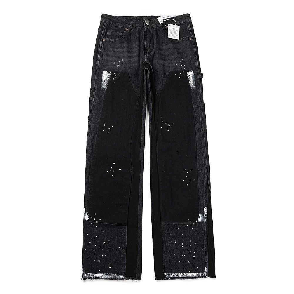 FlowStreet Retro American Torn Fringe Knee Patchwork Micro Flared Black Jeans Youth Fashion Straight Leg Workwear Trousers Wear Resistant