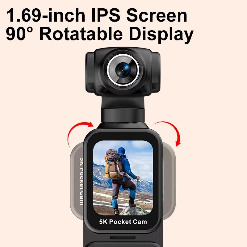 5K Ultra Clear Handheld Action Camera 1.69-inch Face Recognition Automatic 270°Rotating Lens Follow Shot Sports Thumb Camera