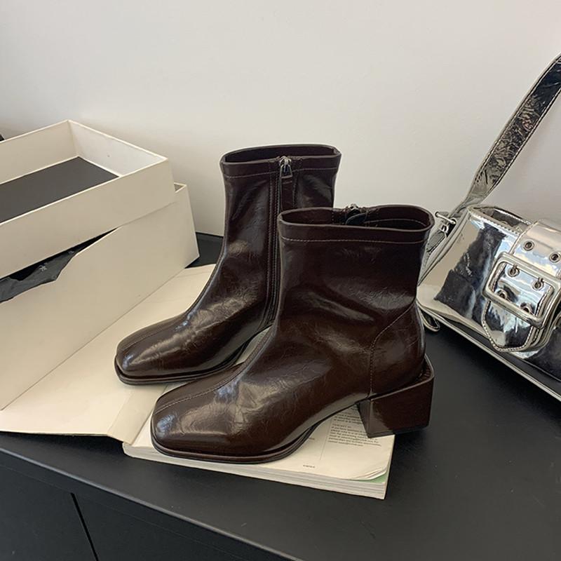 

Мода Мода Осень Зима Эластичная Мягкая Кожа Женские Ботильоны Винтаж Квадратный Носок Толстый Высокий Каблук Стройные Массивные Туфли ботинки челси 35 коричневый