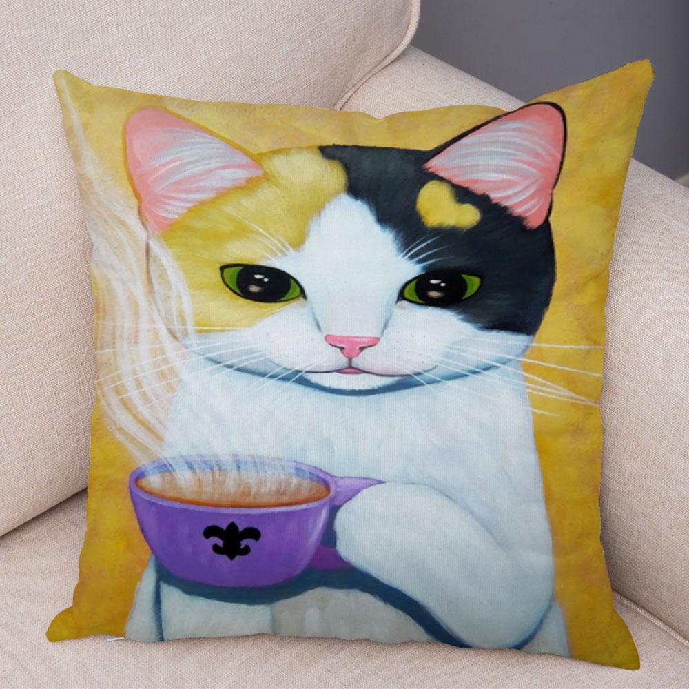 Bedroom Cute Funny Cartoon Coffee Cat Pillowcase Decoration Pet Animal Pillowcase Cushion Cover Sofa Home Car