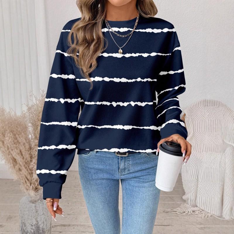 Womens Casual Striped Print Hoodie-Free Sweatshirt Loose Fit Round Neck Long Sleeve Top 2025