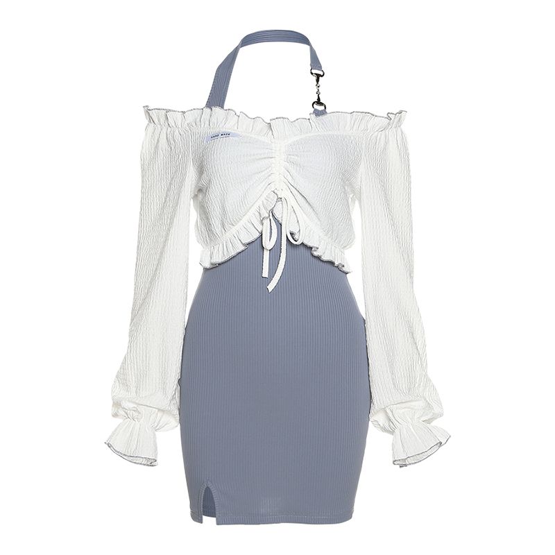 

Pure Desire Wind Французское платье с бретельками на бретельках и бретельками на шее, короткое платье на одно плечо с длинными рукавами, платье из ста топов, женское платье из двух частей S синий