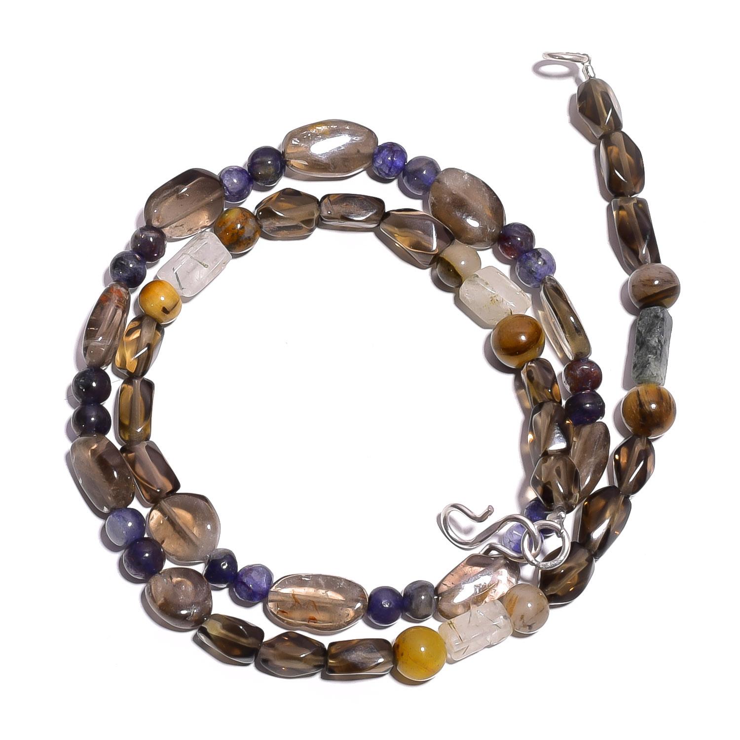 

Natural Smoky Quartz Iolite Tiger Eye Gemstone Smooth Beads Necklace 17 UB-4297 UB-4297