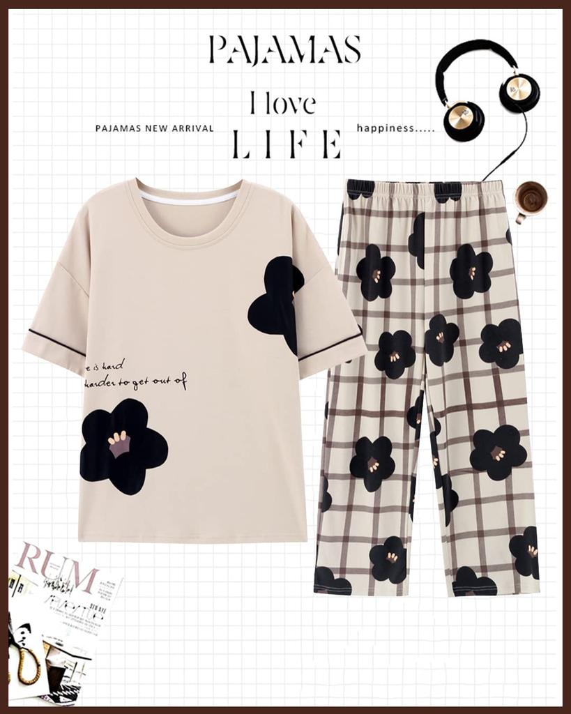 Top and Bottom Loose Sweat Quick Gentle on the Skin [HOOFESAN] Women's Pajamas, Loungewear, Summer, Loungewear, 100% Cotton, Set, Gift, Fit,