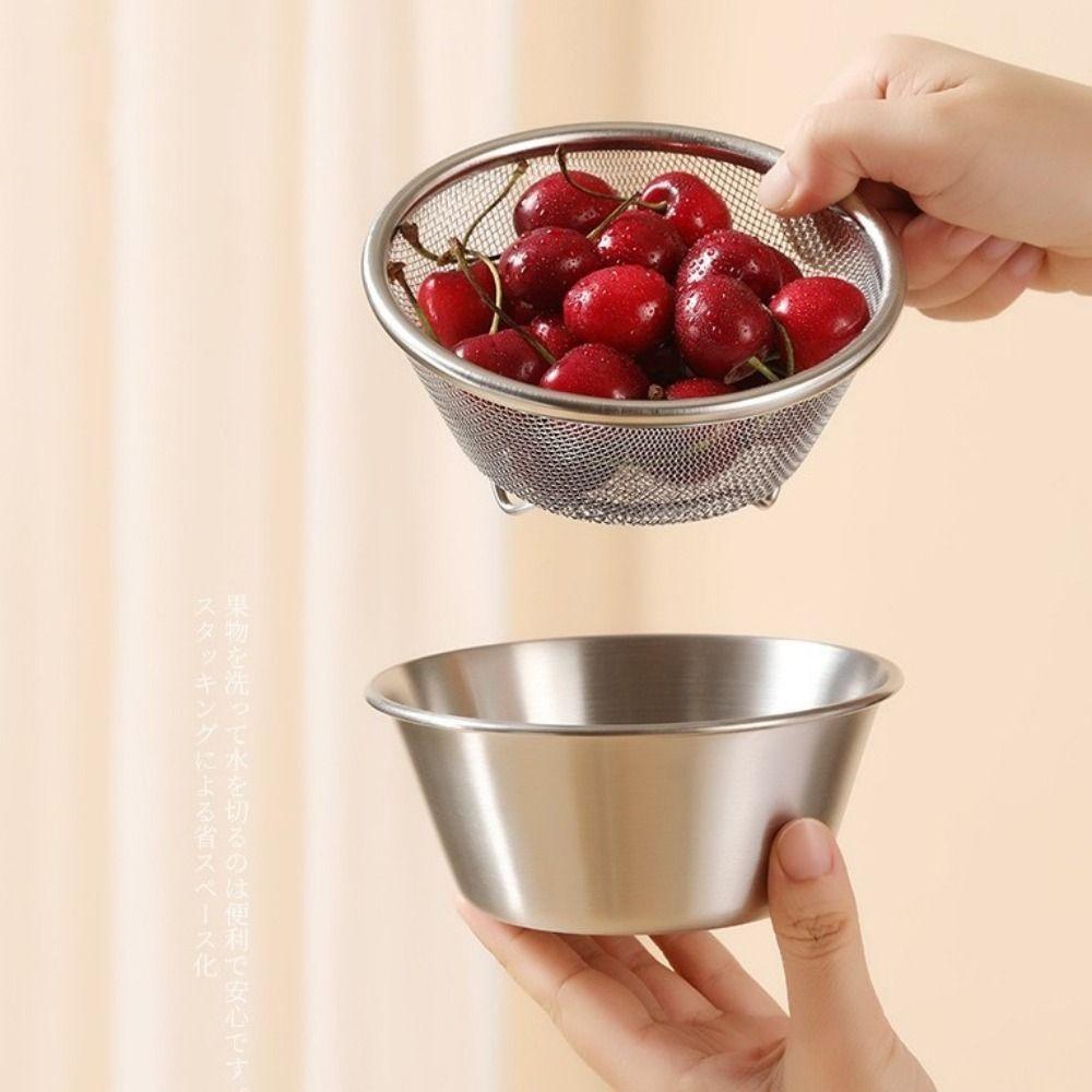 Double Layer Stainless Steel Colander Set Space Saving Stackable Rice Washing Bowl Mini Vegetable Fruit Washing Basket Microwave