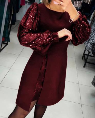 2026 European and American unique elegant splicing sequined bubble sleeve short dress