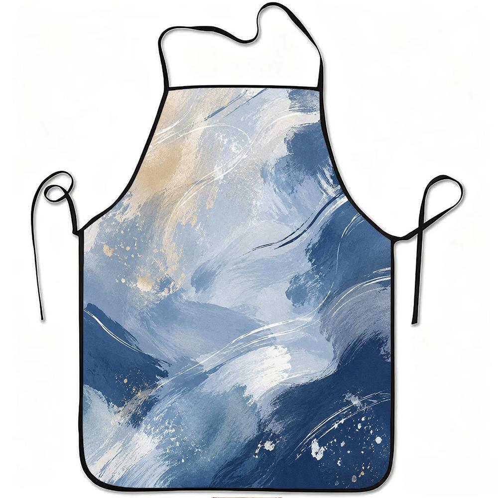 1pc Abstract Blue Ocean Waves Art Print Apron, Durable And Easy to Clean, Adjustable Waistband, Polyester Material, for Kitchen Cooking, Gardening, Or