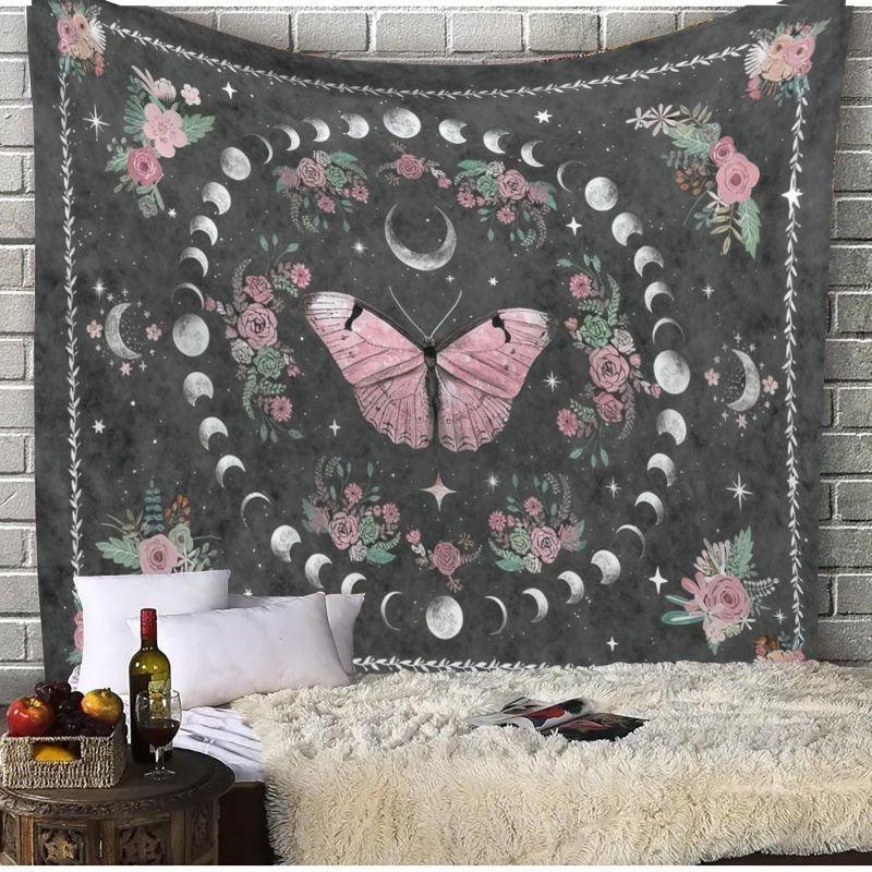 Purple Butterfly Moon Phases Tapestry Wall Hanging Floral Mushroom Witchy Celestial Aesthetic Wall Art Bedroom Dorm Decor