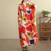 Dimanaf 2025 Women Plus Size Spring Long Dress Loose V-Neck Printing Vintage Casual Floral Oversize Long Sleeve 5036