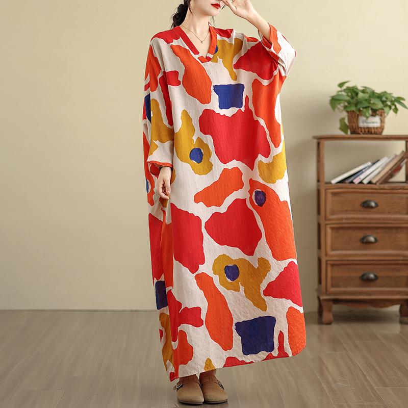 Dimanaf 2025 Women Plus Size Spring Long Dress Loose V-Neck Printing Vintage Casual Floral Oversize Long Sleeve 5036