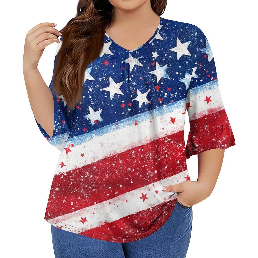 Women's Fashion Casual V-Neck Seven Sleeve Ruffle Sleeve Independence Day Printed T-Shirt Tops Plus Size Women's