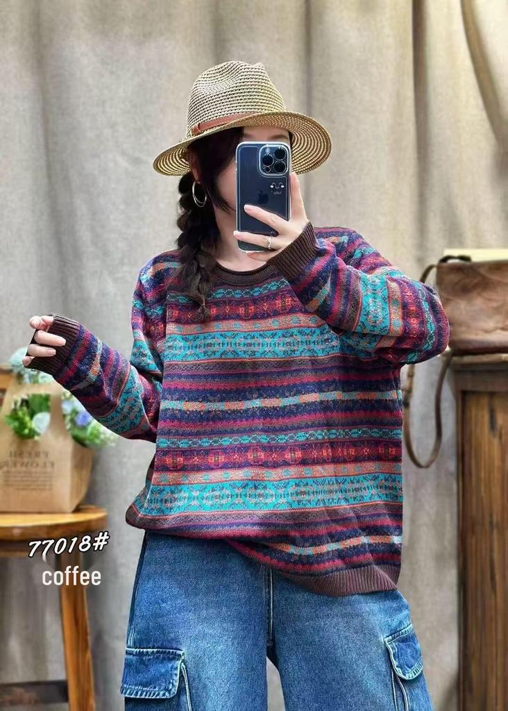 Women's Korean Style Jacquard Sweater: Loose Casual Round Neck Knit Pullover for Autumn/Winter