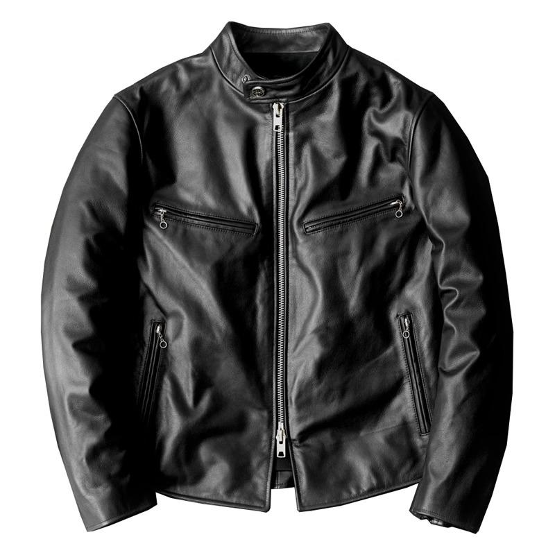 Men Genuine Leather Jacket Korean Slim Fit Biker Coat Real Cowhide Short Stand Collar Youth Fashion