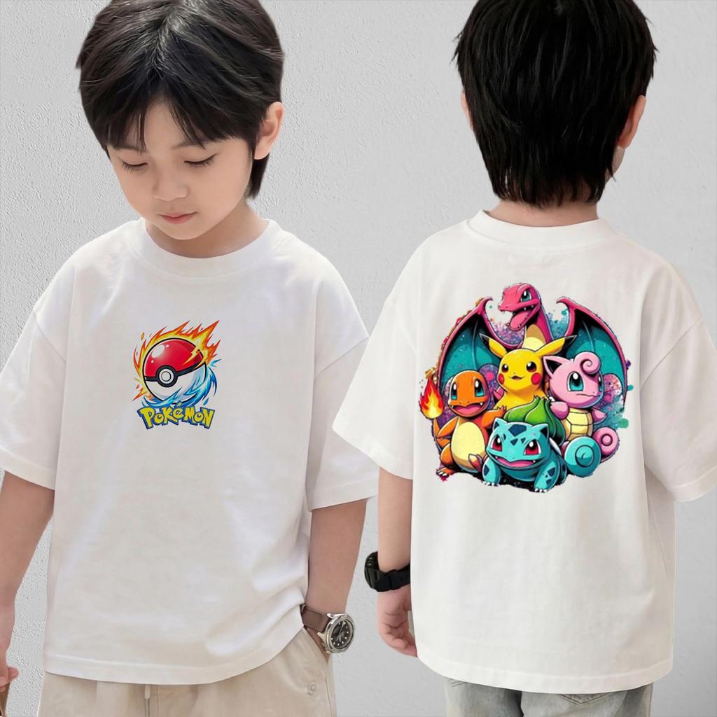 Summer Anime Pokémon Cosplay TShirt Cotton Short Sleeve Tops Casual Loose Retro TShirt Men Women Kids Family Matching Outfits
