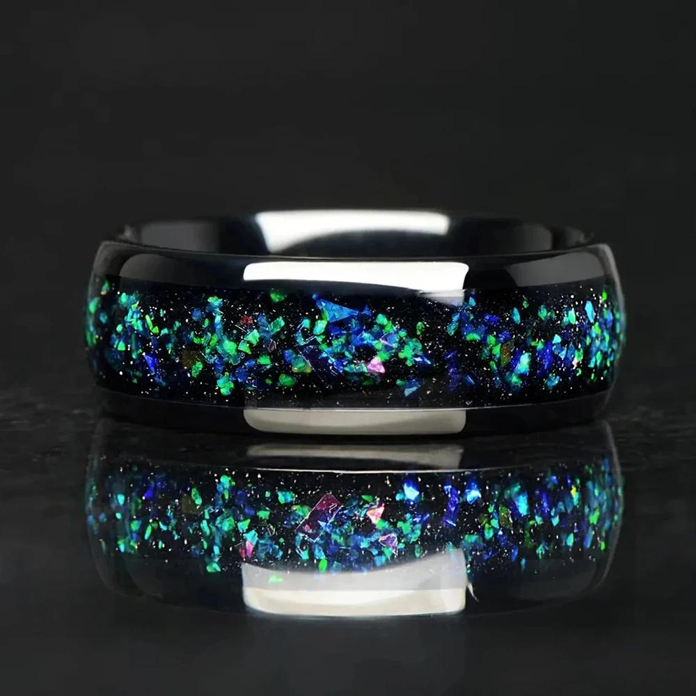 Unique Wood Men Stainless Steel Rings Women Meteorite Inlay Wedding Engagement Jewelry Personality Fashion Unisex Steel Ring
