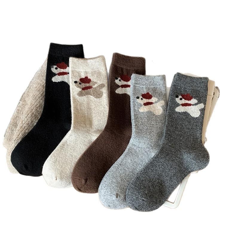Verdickte Warme Wollsocken für Damen Cartoon Niedlich Schal Welpe Mittellange Socken Vielseitige Stapelsocken Weich Wachsig