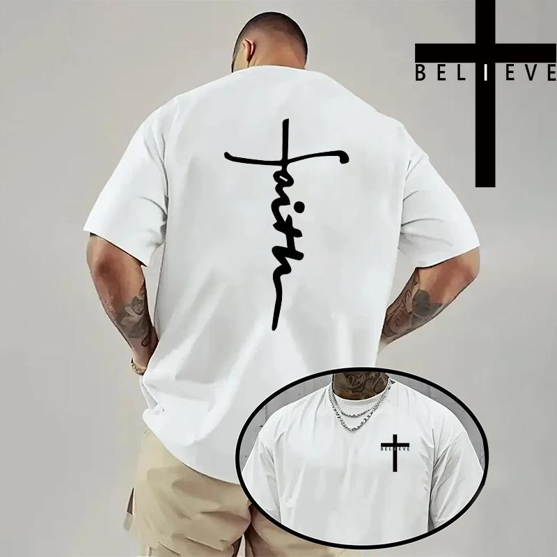 Christ Print Tshirt Men High Quality Pure Color Short Sleeve Top Spring Summer Daily Casual Fashion Jesus Cross Cotton Tees