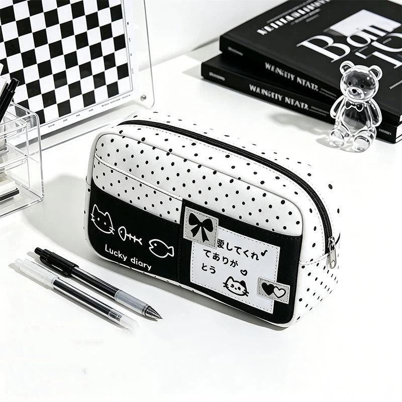 Cat Pattern Pencil Case With Blue Polka Dot Design Pencil Bag For Students School Supplies Multi-Layer Large Capacity Pen Bag