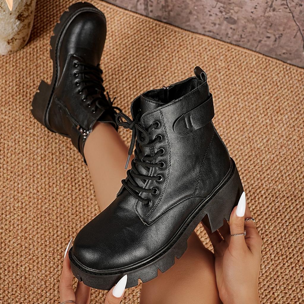 Winter New Women's Boots Lace Up Women's Fashion Thick Heel Side Zipper Ankle Boots Warm Women's Motorcycle Shoes