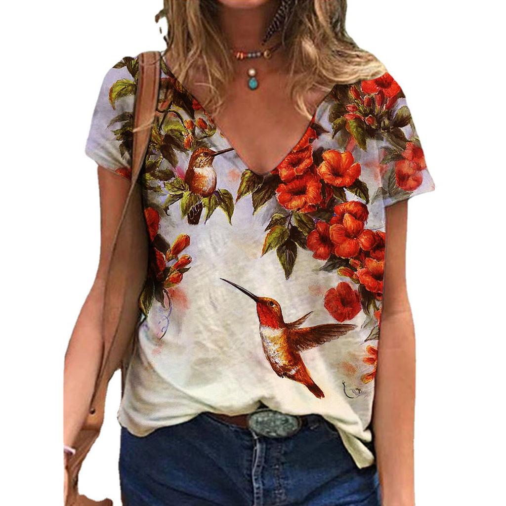 New 3D Printed Short Sleeved Women's Summer Casual Flower and Bird Print V-neck T-shirt