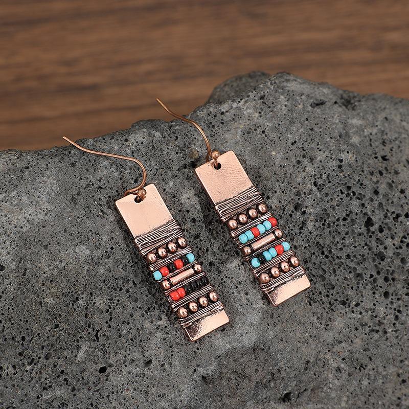 Etniczne Vintage Miedziany Kolor Metalowe Rzeźbione Kwadratowe Wielokolorowe Kamienne Kolczyki Wiszące dla Kobiet Biżuteria
