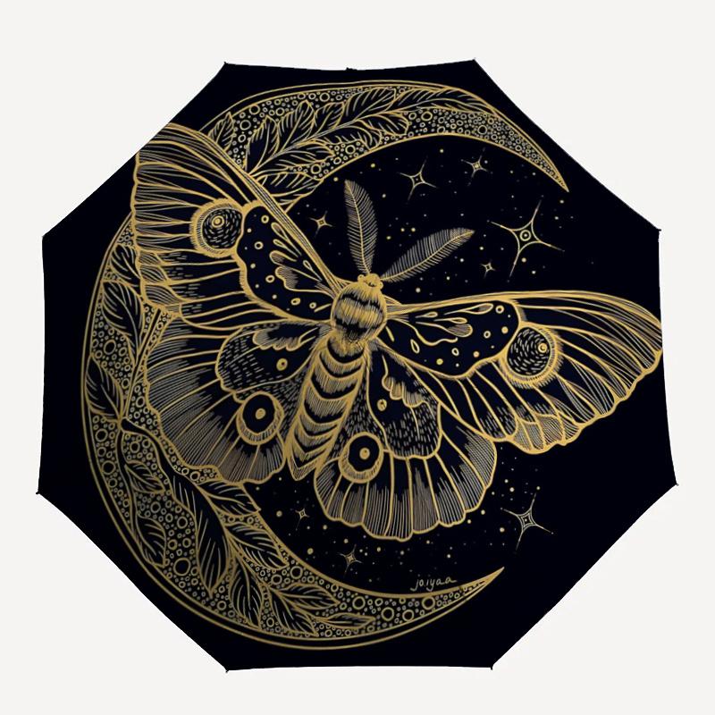 1pc Moth & Moon Pattern Automatic Umbrella is Fashionable and Good-Looking, Suitable for Travel and Daily Use.A059