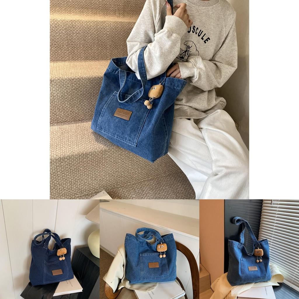 Trendy Korean Style Casual Large Capacity Tote Bag In Deep Blue Soft Denim Fabric