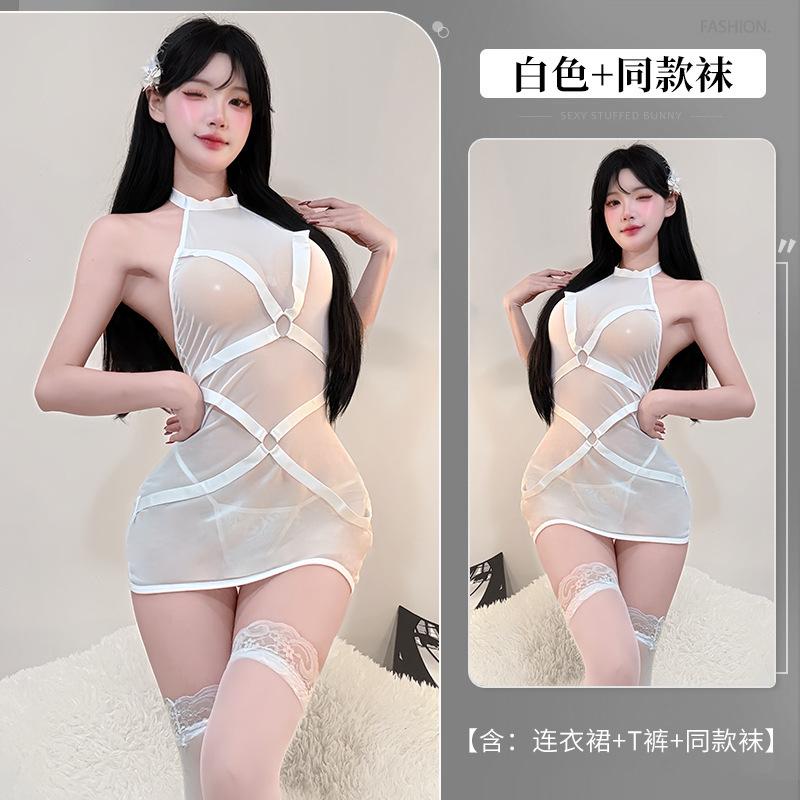 Sexy Hot Girl Mesh Patchwork One-Piece Tie Sleepwear See-Through Hip-Revealing Uniform Nightdress Dress Elegant Fashion AOF9