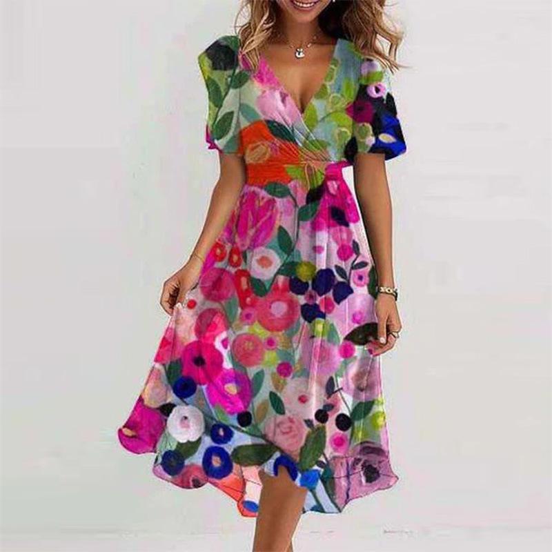 Damen V-Ausschnitt Kurzarm Blumenprint A-Linie Midi-Kleid Lässig Sommer Strand Urlaub Schwingendes Kleid