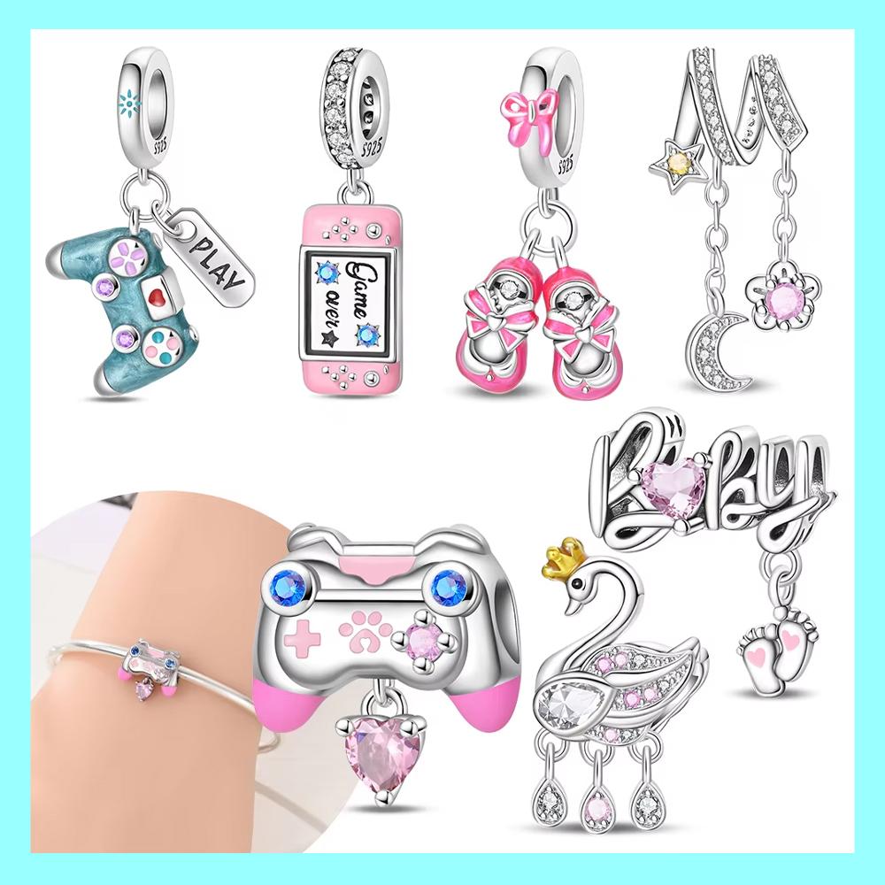 Pink Shoes Game Console Swan Pendant Moon Baby Original Beads Fit Bracelet Women Copper Children'S Day Gifts Set Jewelry