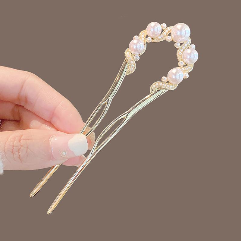 Elegant Temperament Minimalist Imitation Pearl Inlaid U-shaped Women Alloy Hairpin High-end Retro Cheongsam Hanfu Plate Hairpin