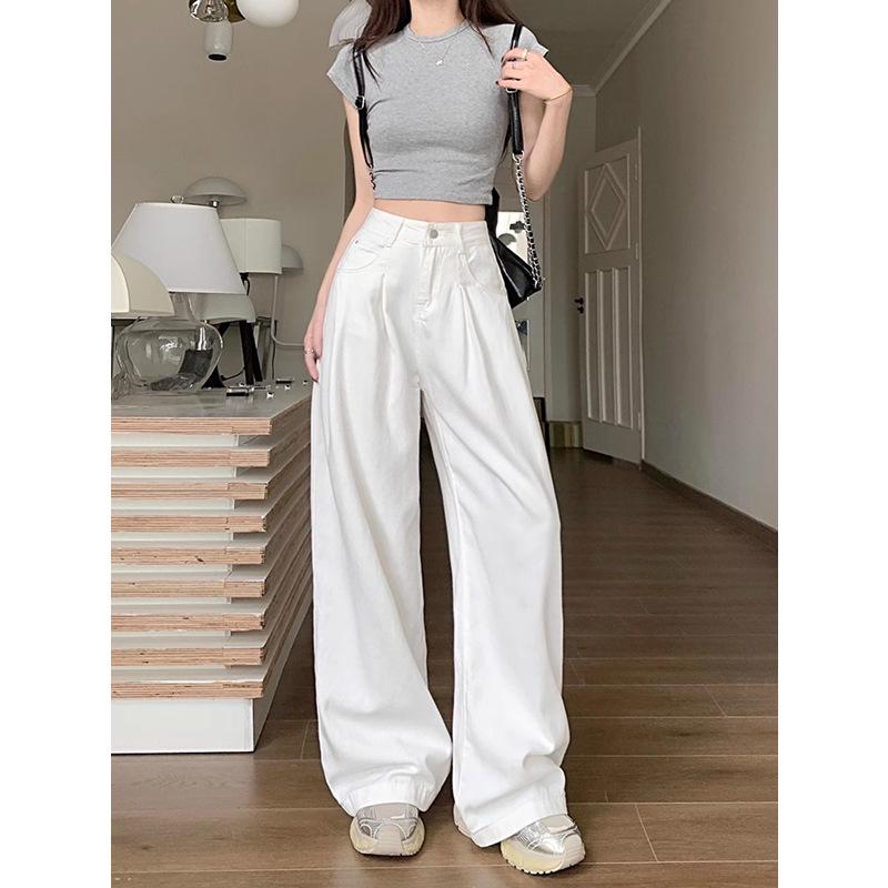 

White High Waist Wide Leg Jeans for Women - Autumn/Winter Trousers Small