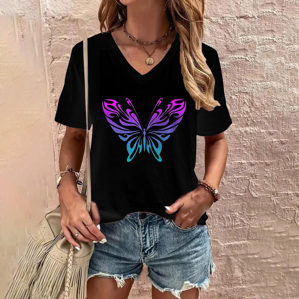 

Модная и классная женская футболка с принтом в виде бабочек в стиле минимализма, классный и удобный летний повседневный топ с V-образным вырезом XL