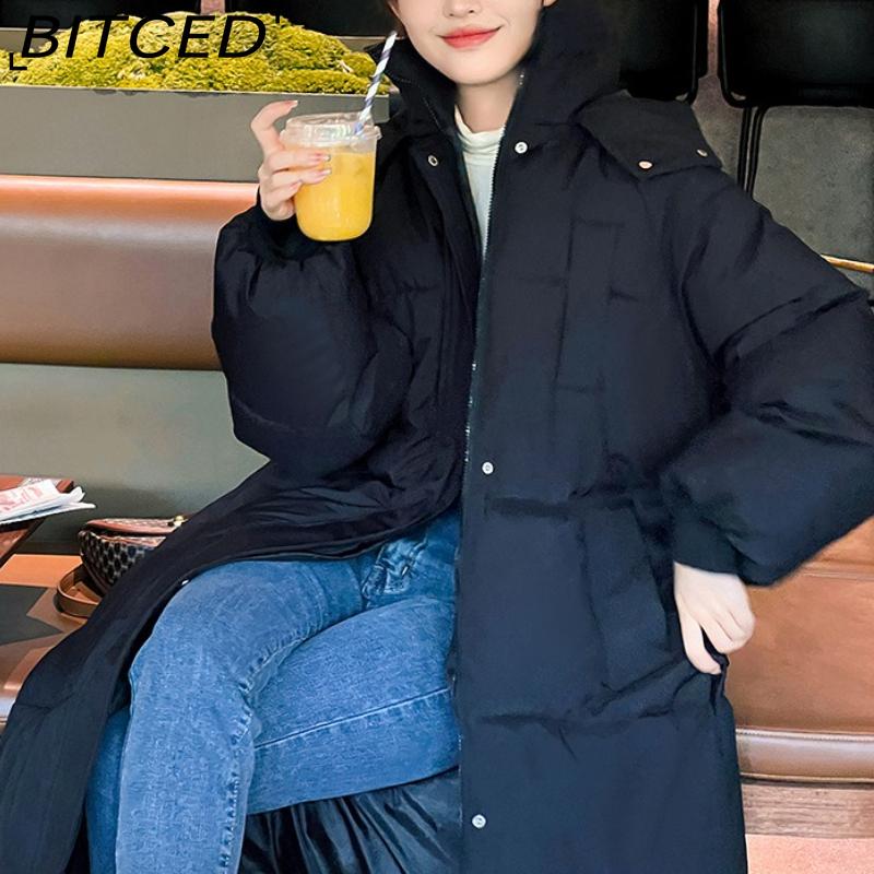 BITCED Women's Long Winter Coat - Knee-Length, Loose-Fit Down Jacket, Thickened Cotton-Padded Coat