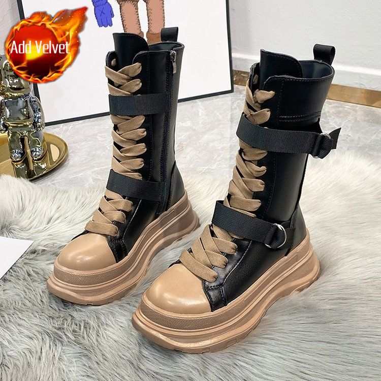 

Модные полусапоги на платформе средней высоты с круглым носком и шнуровкой для женщин, осенне-зимние, New Rock, на флисовой подкладке, до середины икры 40