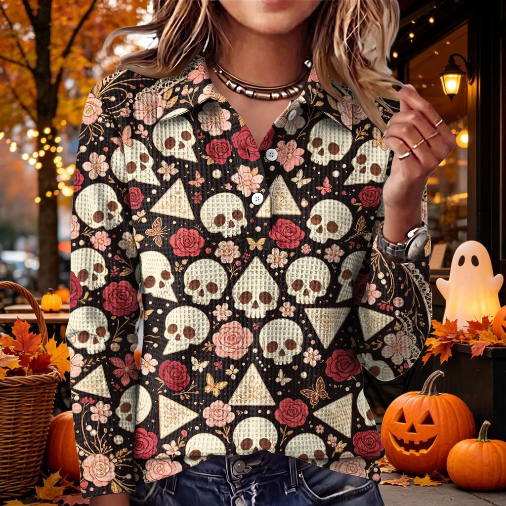 Women's Casual Long Sleeve Halloween Print Knit Top with Lapel Collar, Trendy Fall Outfit