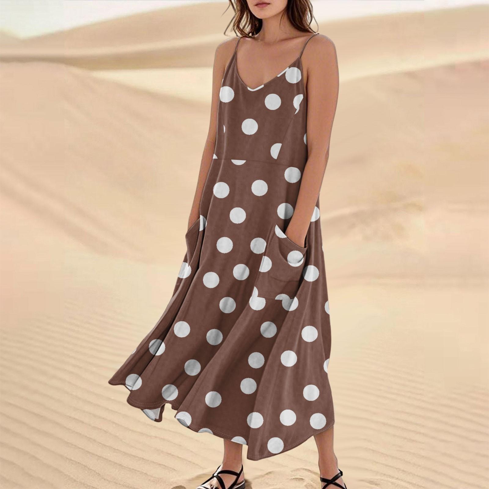 

Женское повседневное платье на бретелях с V-образным вырезом, принтом в горошек, без рукавов и с карманом XXL коричневый