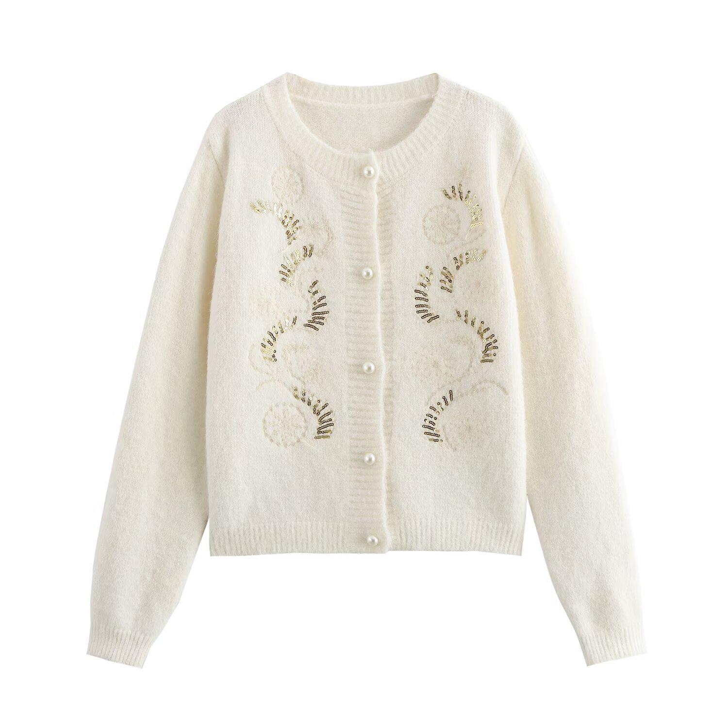 

2024 Осень Женский Вязаный Кардиган С Вышивкой Пайетками - Европейский/Американский Стиль One Size белый