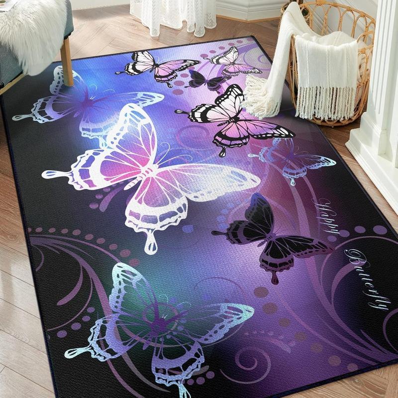Beautiful Butterfly Carpet Purple Dreamlike Home Decor Rug Absorbent Anti-Slip Floormat for Living Room Bedroom Hallway Kitchen