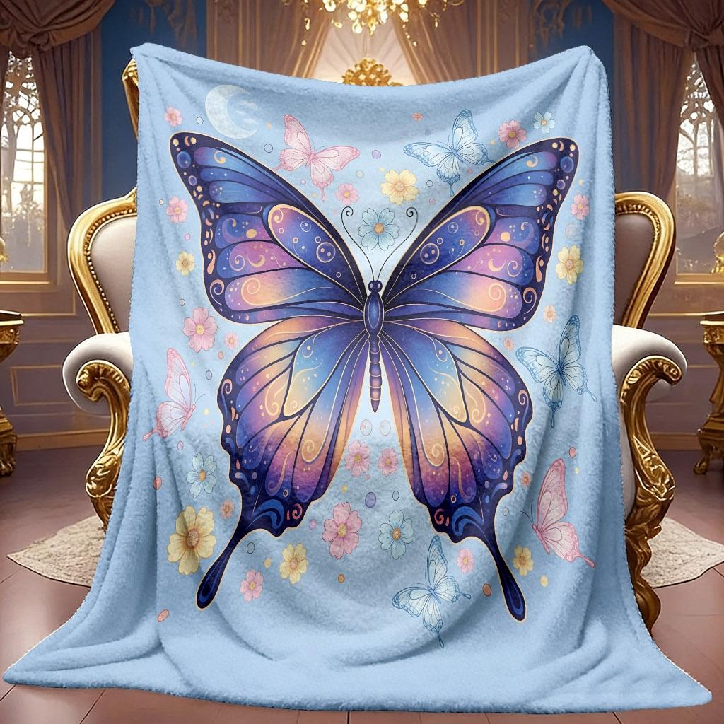 A 2D Dreamy Butterfly and Floral Themed Flannel Blanket with Soft High-definition Digital Printing, a Cooling Blanket Suitable for All Seasons! Soft a