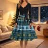 Women's Casual Vintage V-Neck Long Sleeve Dress with Christmas Print