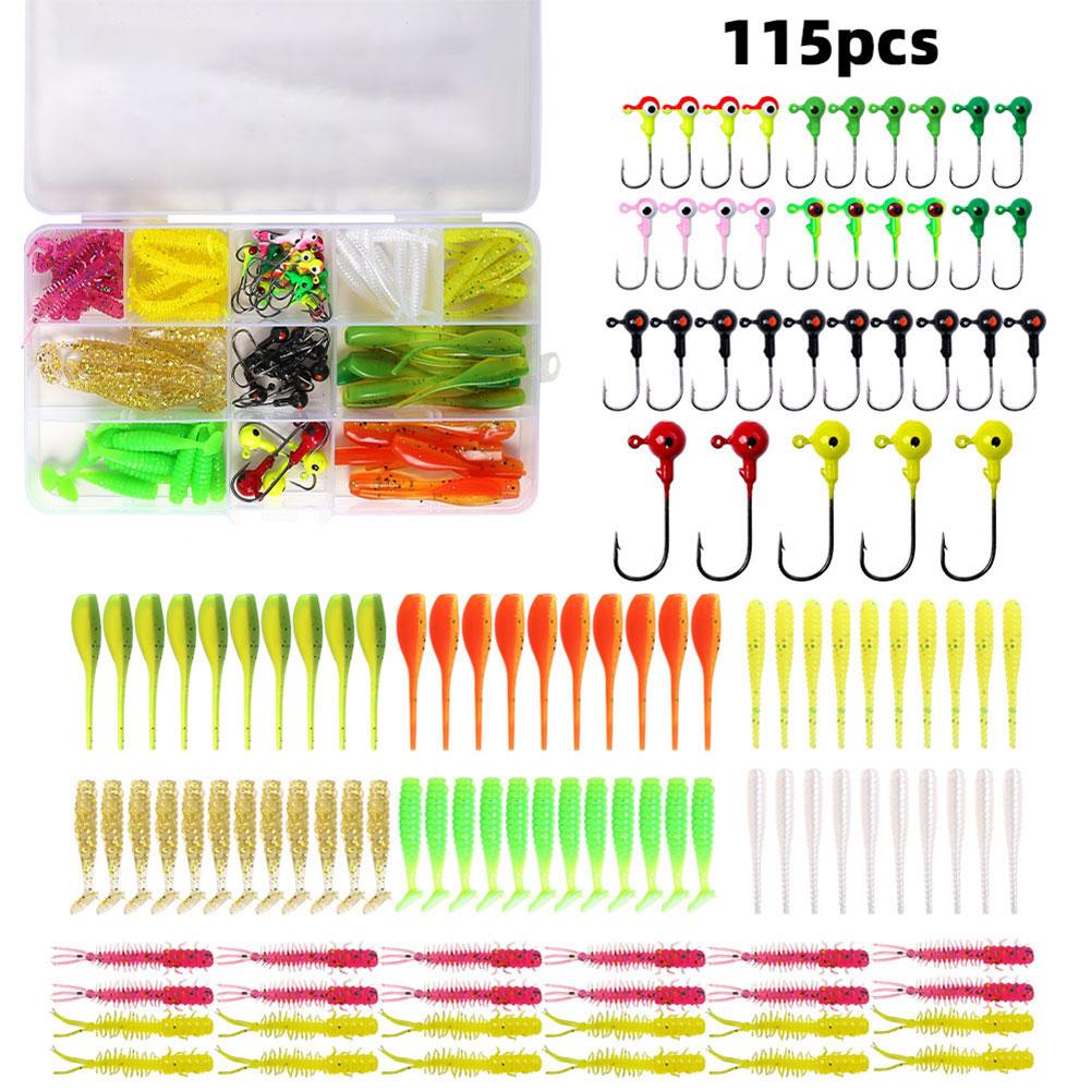 115pcs T Tail Soft Bait Set with Jig Head Hook Fishing Lure Accessories Set Soft Fishing Lure Tackle Box